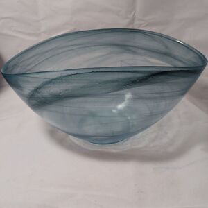Artistic Oval Folded Glass Serving Bowl Horizontal Streaking Swirl Blue & White